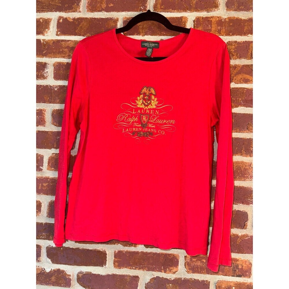 Lauren Raplh Lauren beaded crown logo - red long sleeve knit top size PL